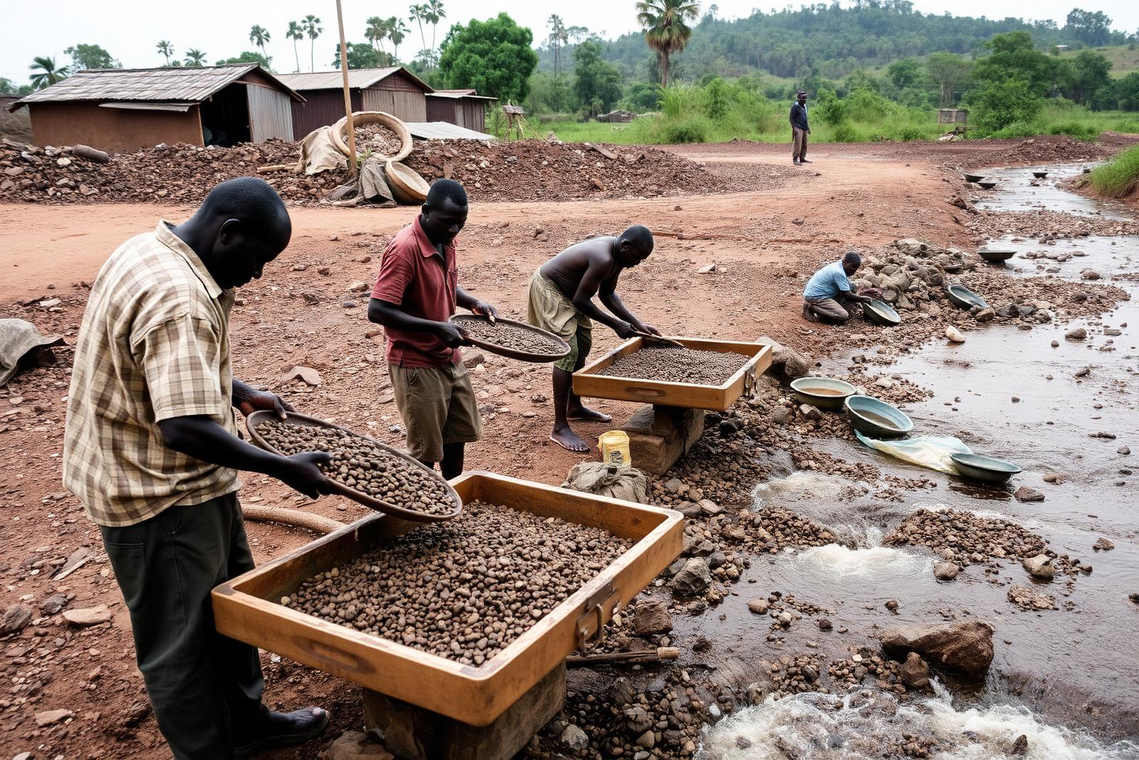 Artisanal miners washing crushed ore in sluices beside a stream in eastern Uganda