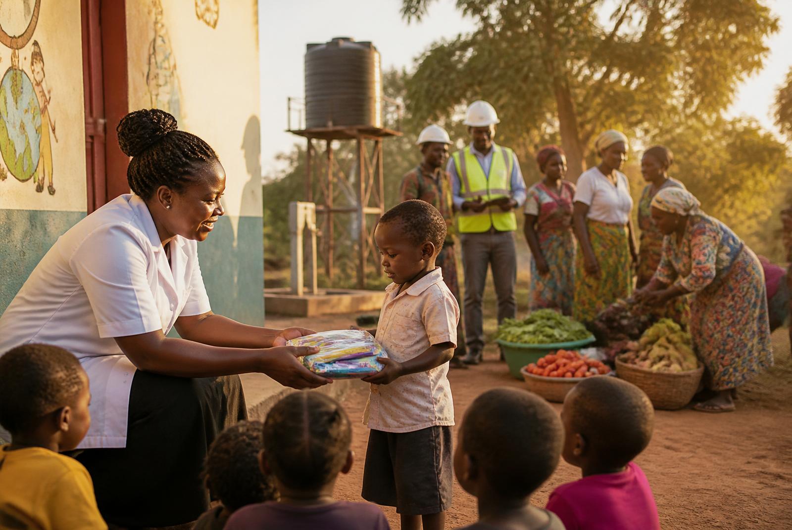 A community health worker hands a child a learning kit near a Busia early education centre, with miners and local farmers in the background