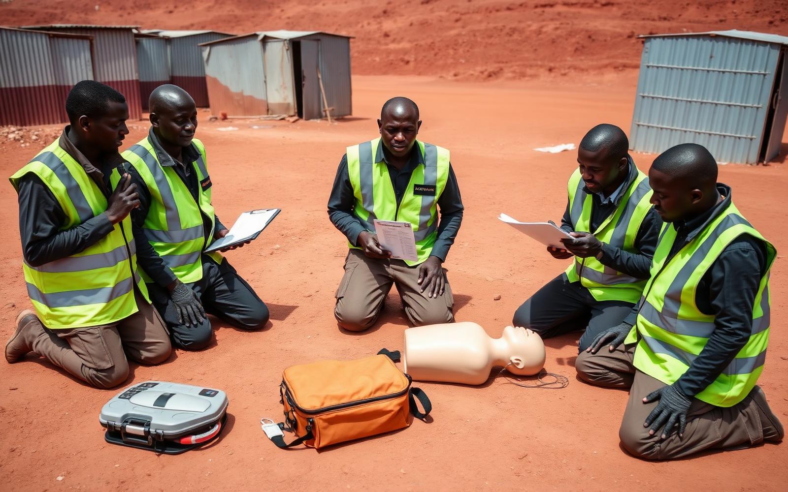 Burlcore Mining security officers in high-visibility vests practising CPR on a training manikin during first aid instruction at the Busia gold concession in Uganda