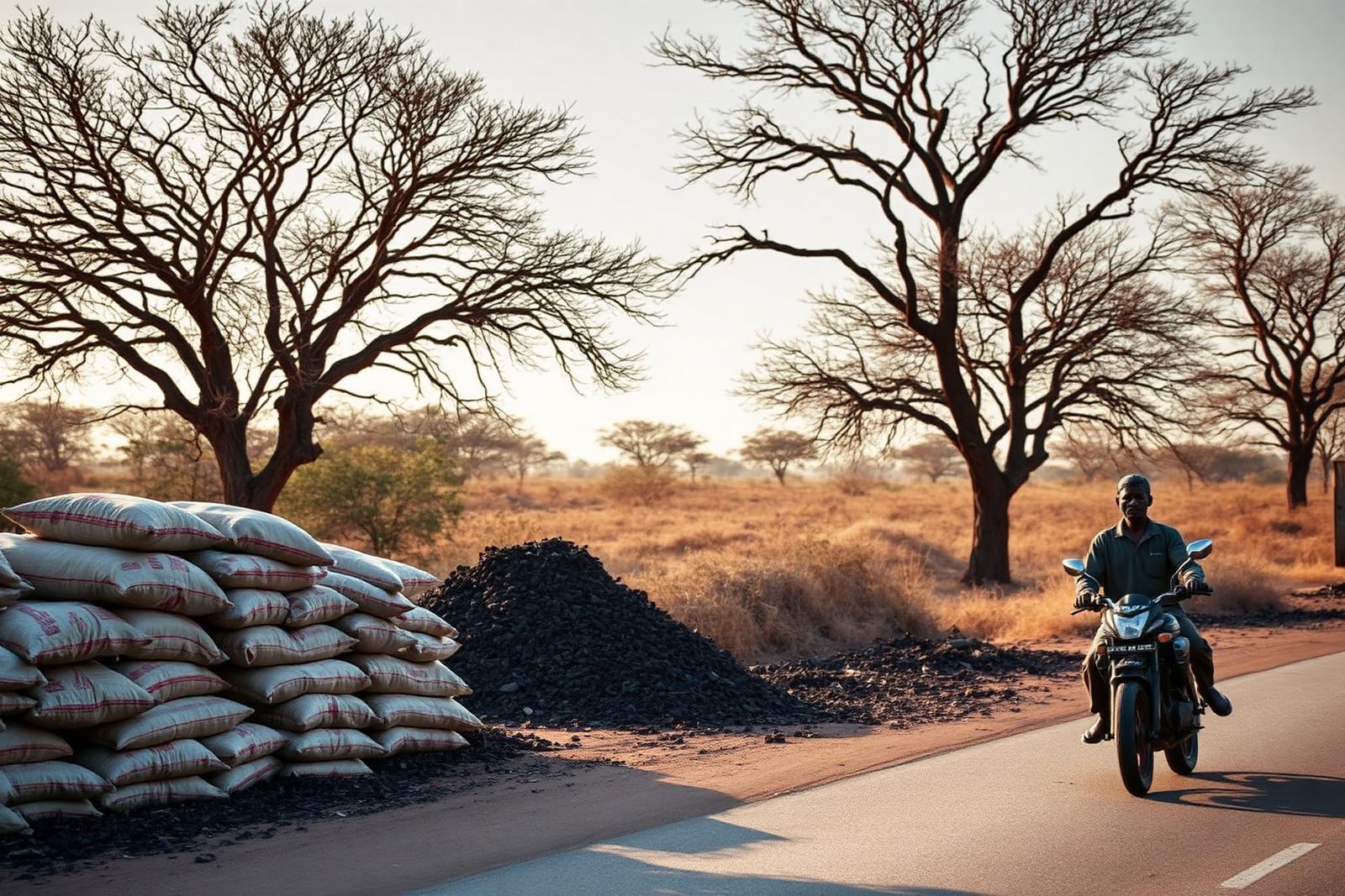 Sacks of charcoal stacked at a roadside trading point in northern Uganda as a boda boda rider passes