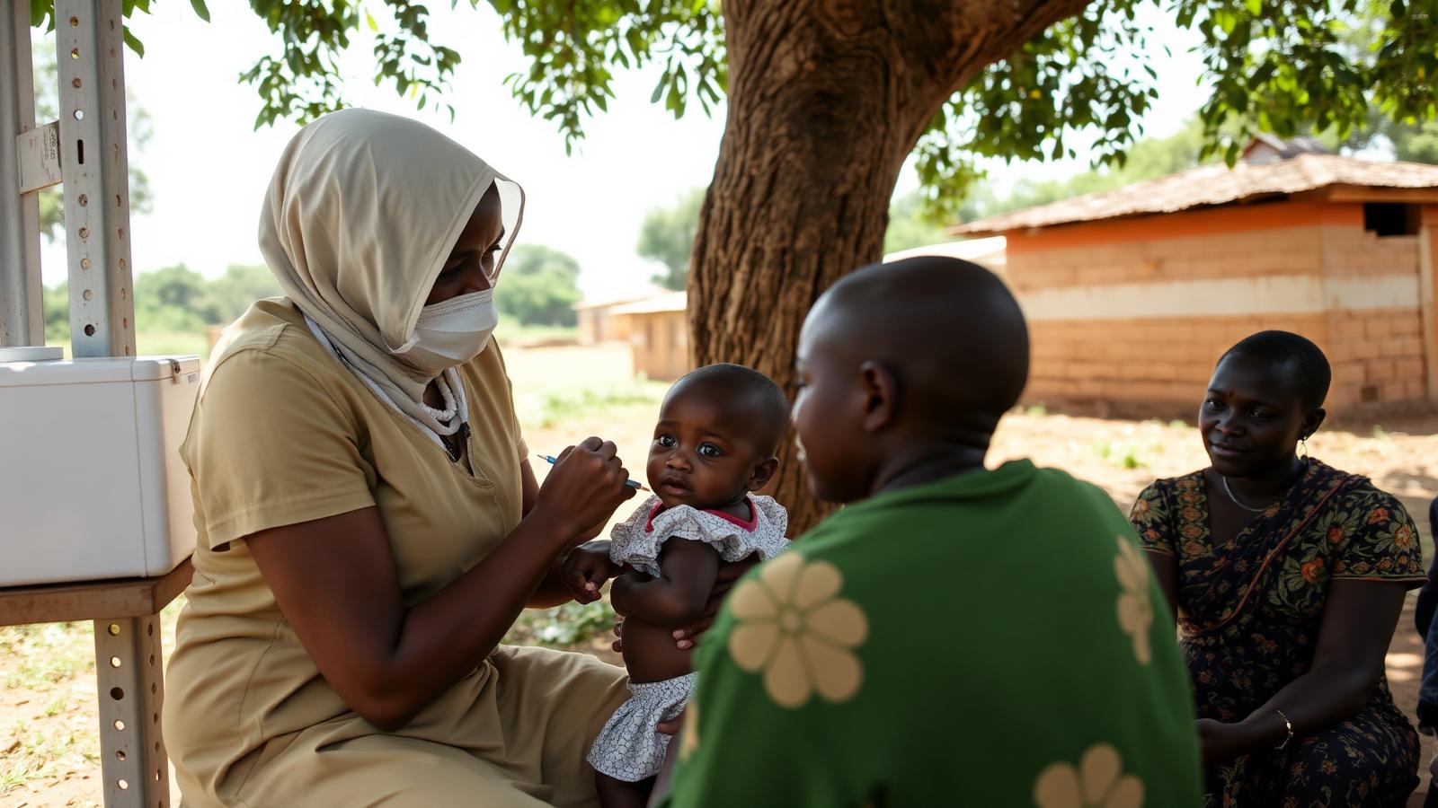 A health worker vaccinating an infant at an outreach immunisation post under a tree in rural Uganda
