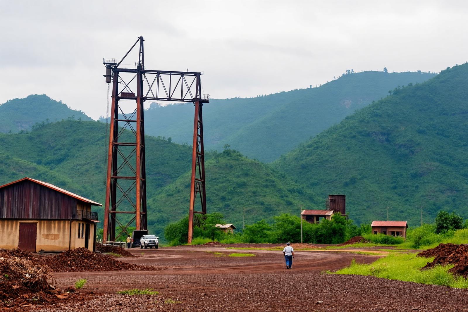 The old Kilembe copper mine headframe and rusting plant buildings below the Rwenzori foothills in western Uganda
