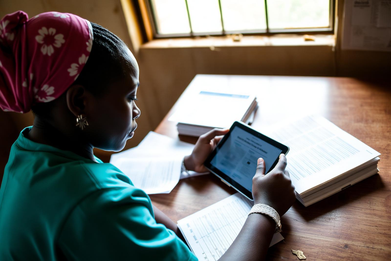A health worker entering patient records on a tablet beside paper registers at a rural Ugandan health centre