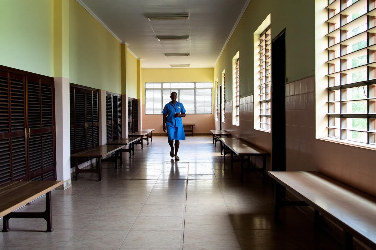 A nurse walking down an empty corridor lined with wooden benches in a Ugandan referral hospital