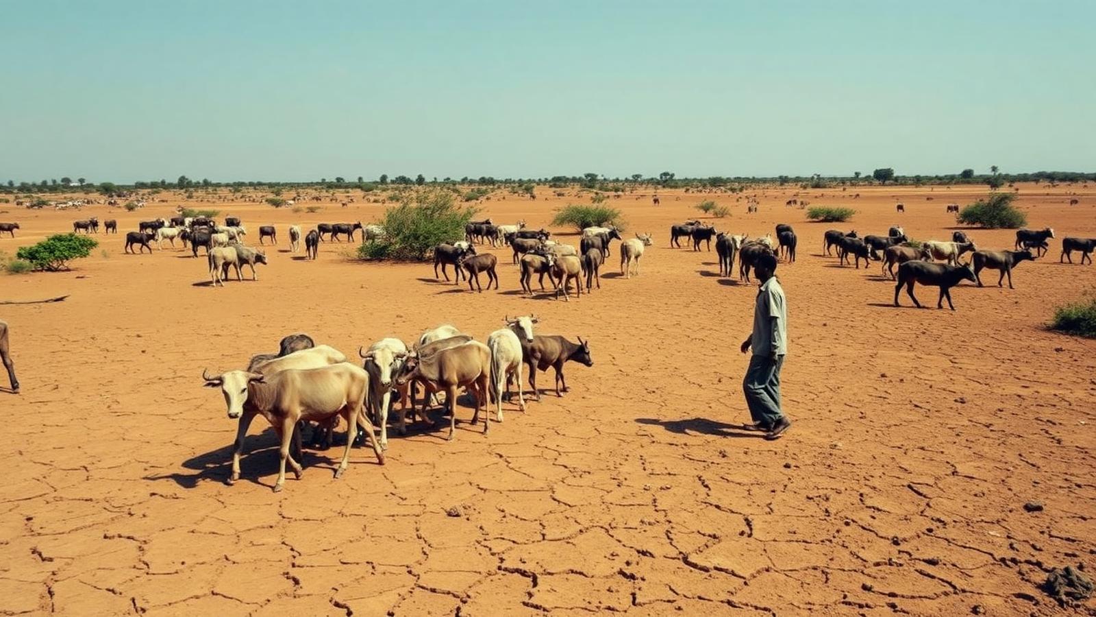 A herder moving thin cattle across cracked dry ground in the Karamoja sub-region of north-eastern Uganda