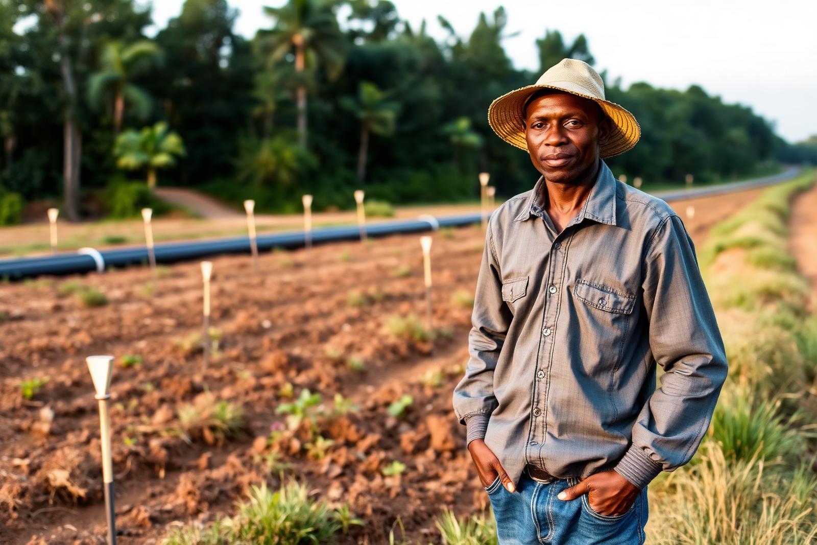 A farmer standing beside survey marker pegs on cleared ground near a pipeline right of way in Uganda's Albertine region