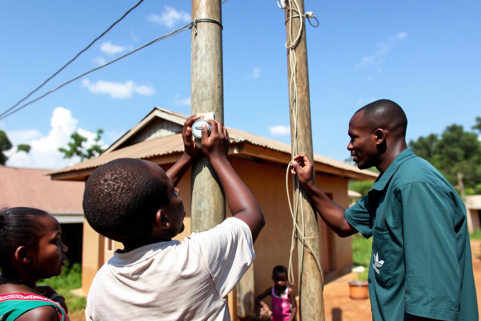 Technicians fitting a household electricity meter on a pole outside a rural Ugandan home as a family watches