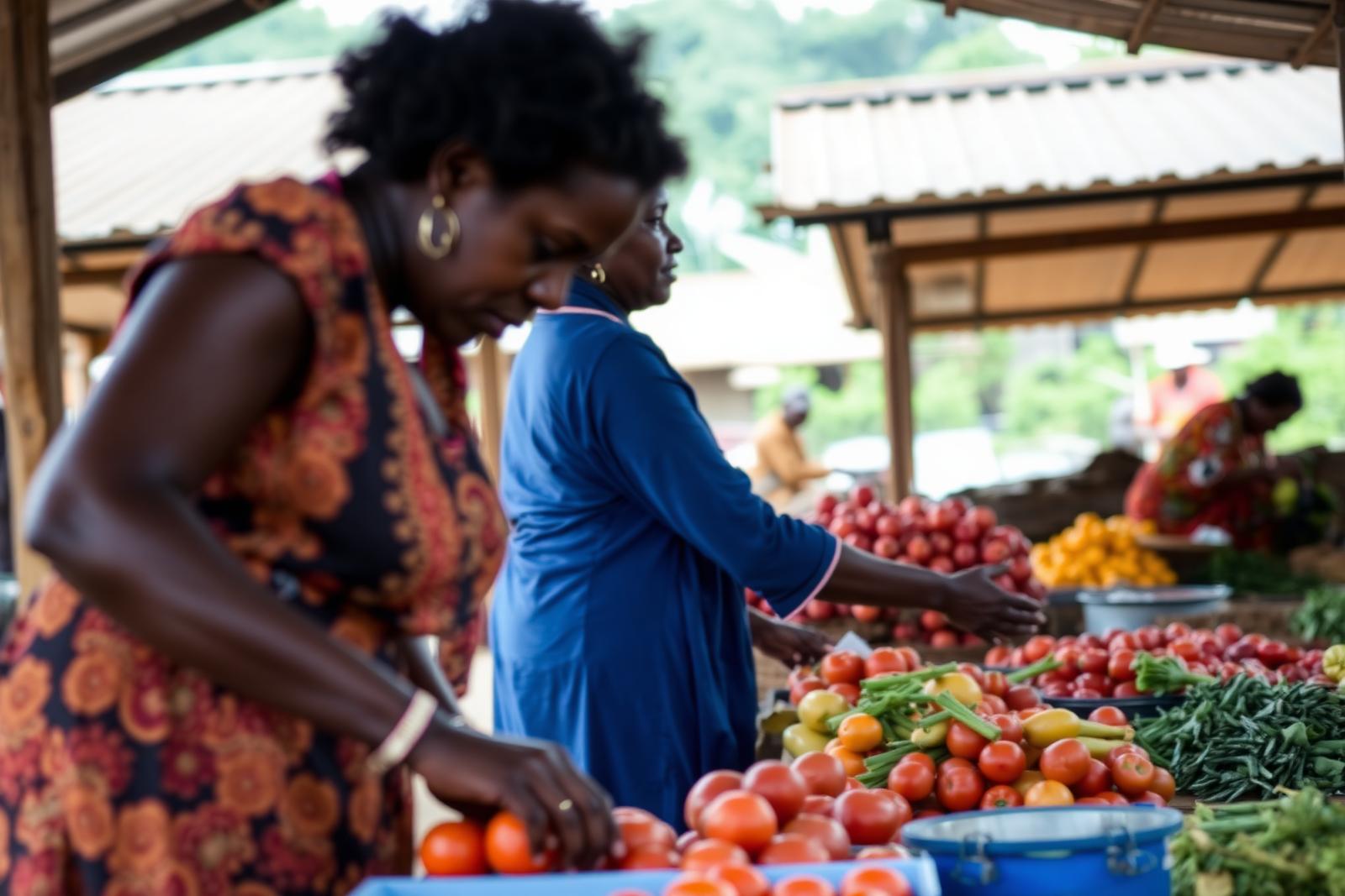 Women vendors arranging tomatoes and green vegetables on wooden stalls under an iron sheet roof in a Kampala market early in the morning