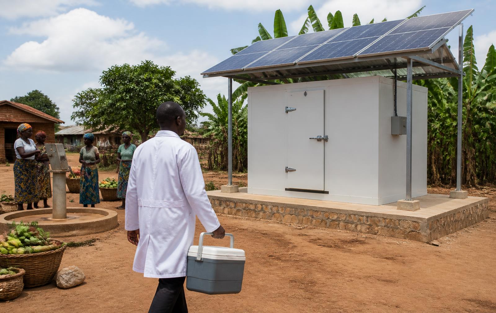 Solar powered cold storage unit funded by Burlcore Mining standing beside the community water well at Mawero in Busia District, Uganda, with a health worker carrying a vaccine cool box