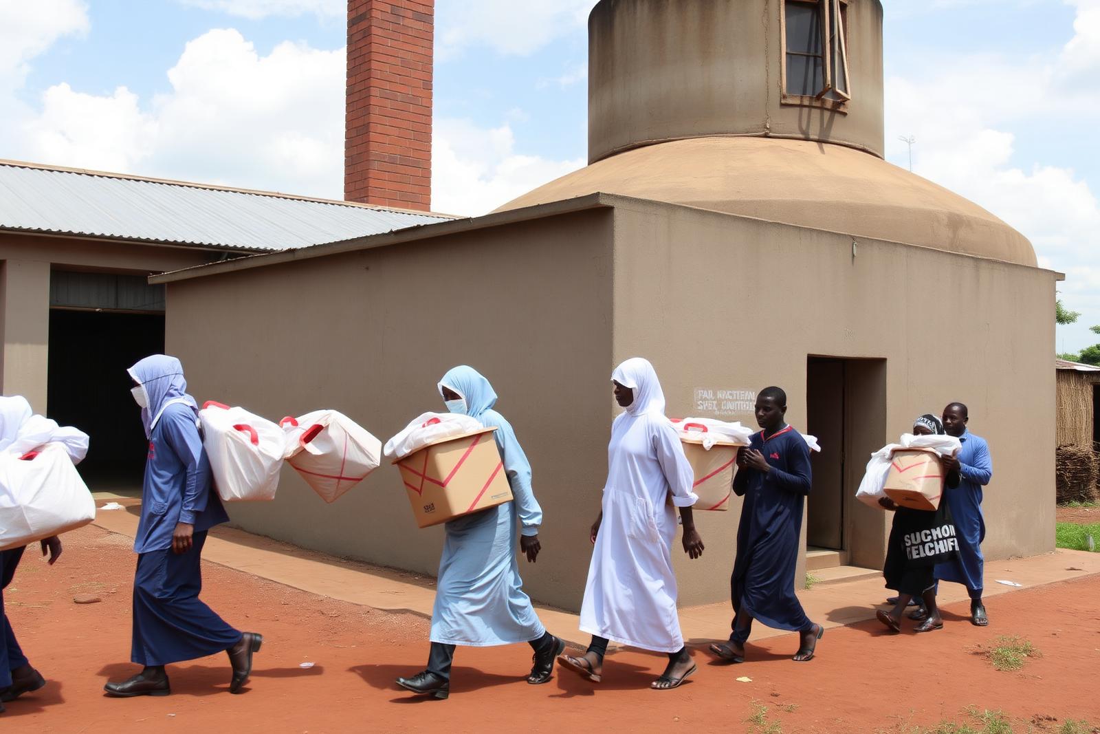 Health workers carrying sealed medical waste containers to a newly built regional incinerator facility in Gulu, northern Uganda