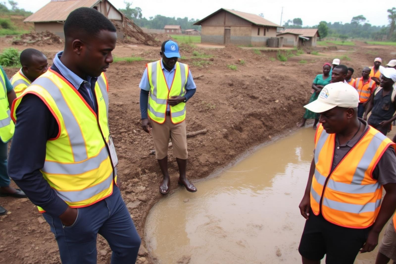 Environment inspectors in high visibility vests examining a silted stream beside an artisanal gold washing site in eastern Uganda