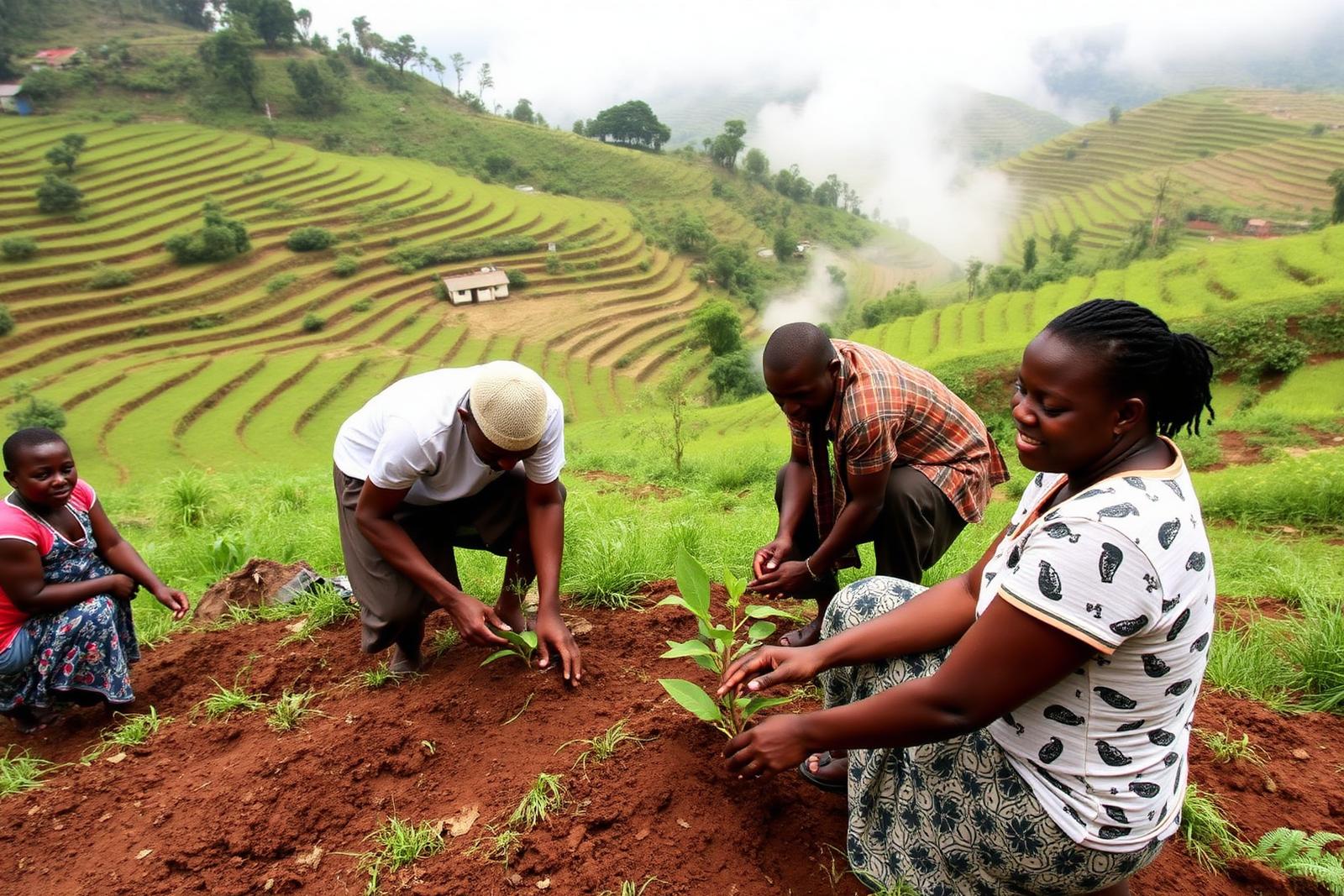 Residents planting tree seedlings on terraced slopes near Mount Elgon National Park in Bulambuli District, Uganda