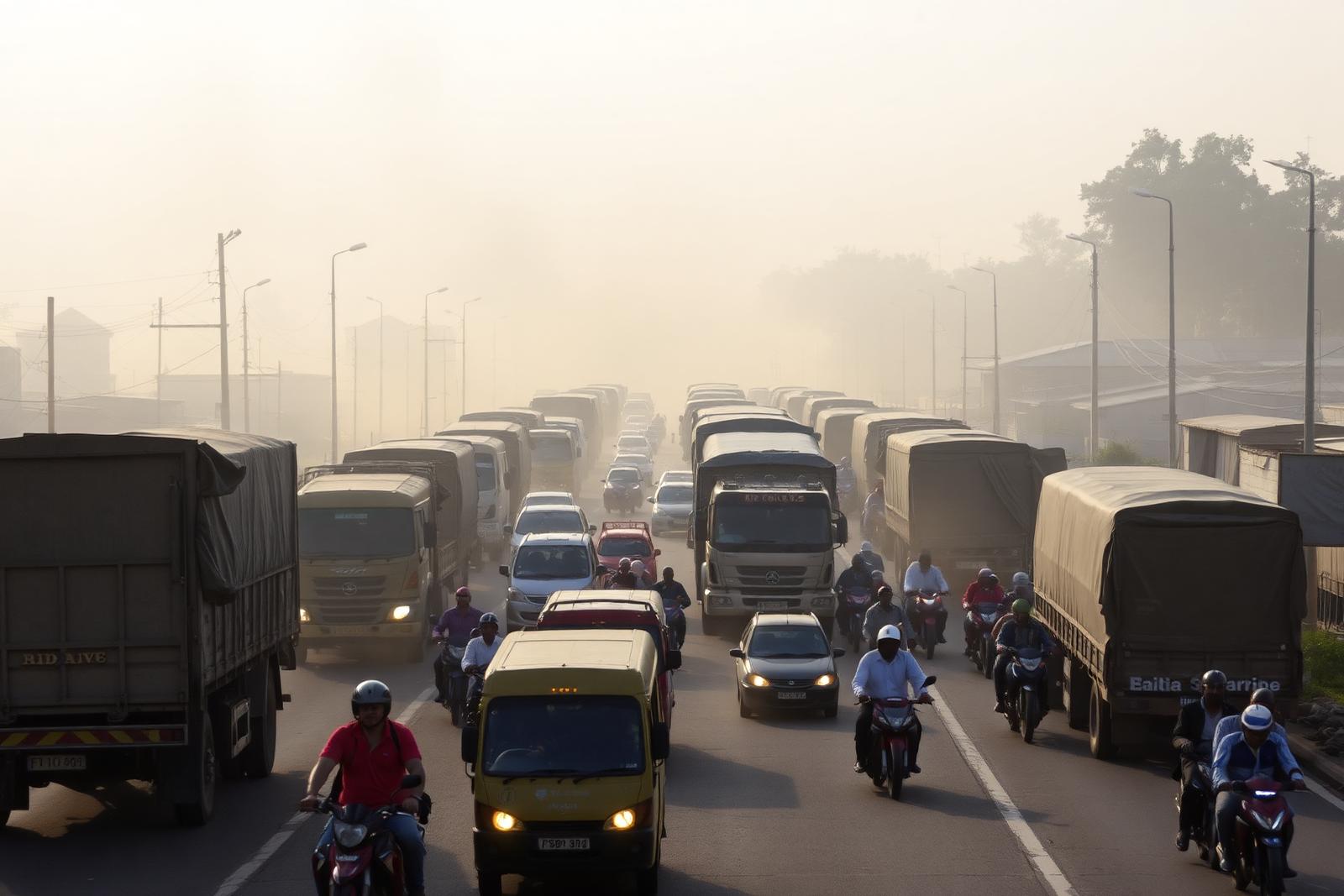 Congested lorry and boda boda traffic in morning haze on the industrial corridor at Namanve near Kampala, Uganda