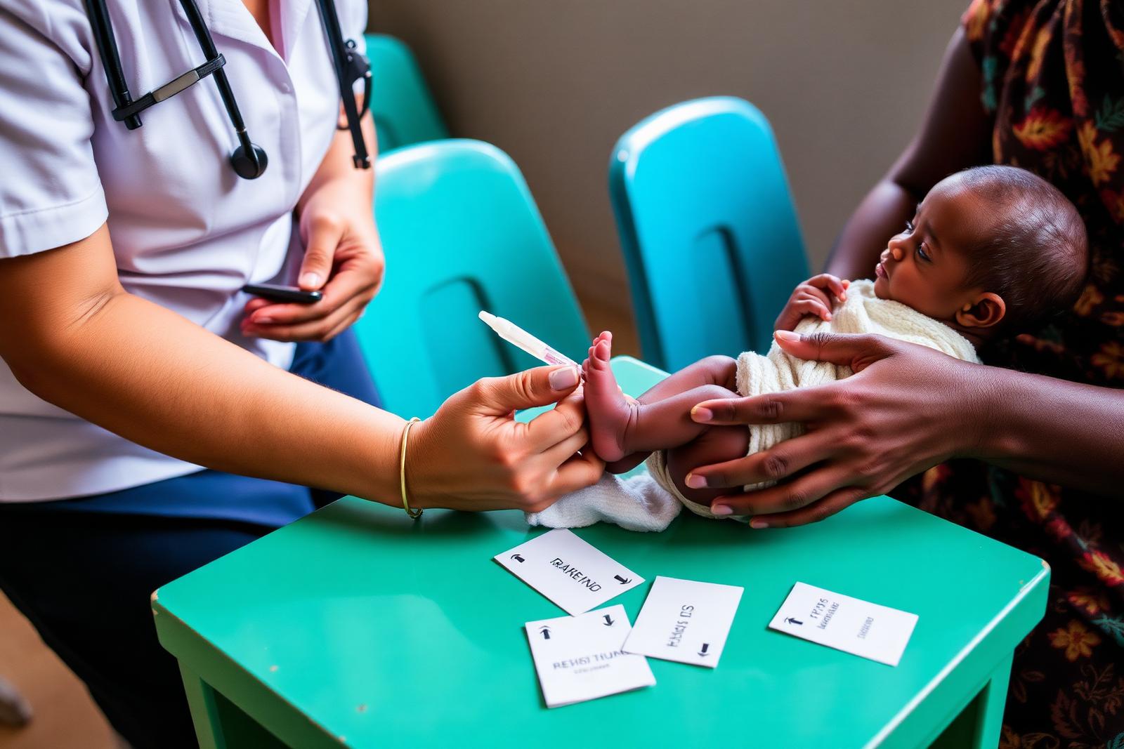 A nurse taking a heel prick blood sample from a newborn held by the mother at a Ugandan screening clinic