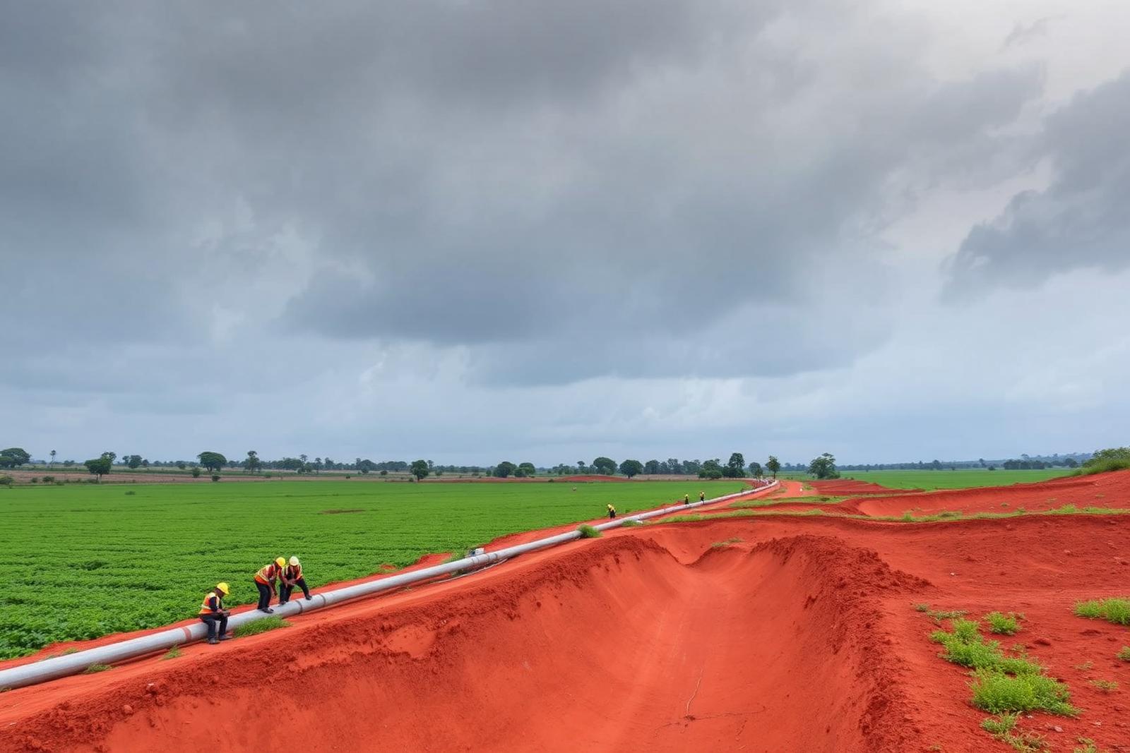 Workers laying a section of the East African Crude Oil Pipeline through farmland in western Uganda