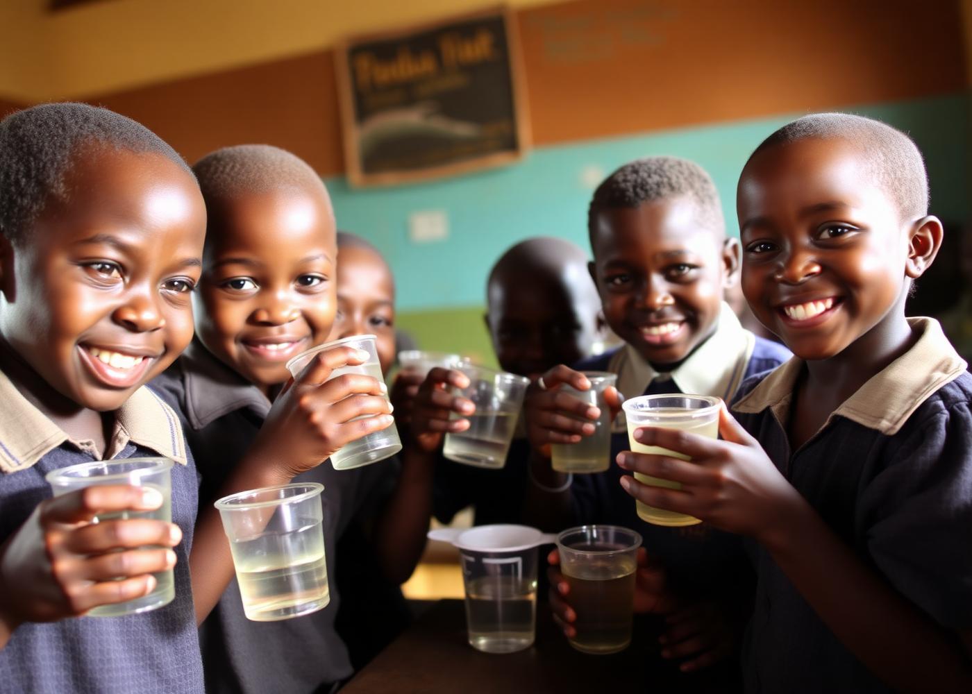 Schoolchildren in Busia drinking clean water from cups, supplied by a Burlcore-funded school water point