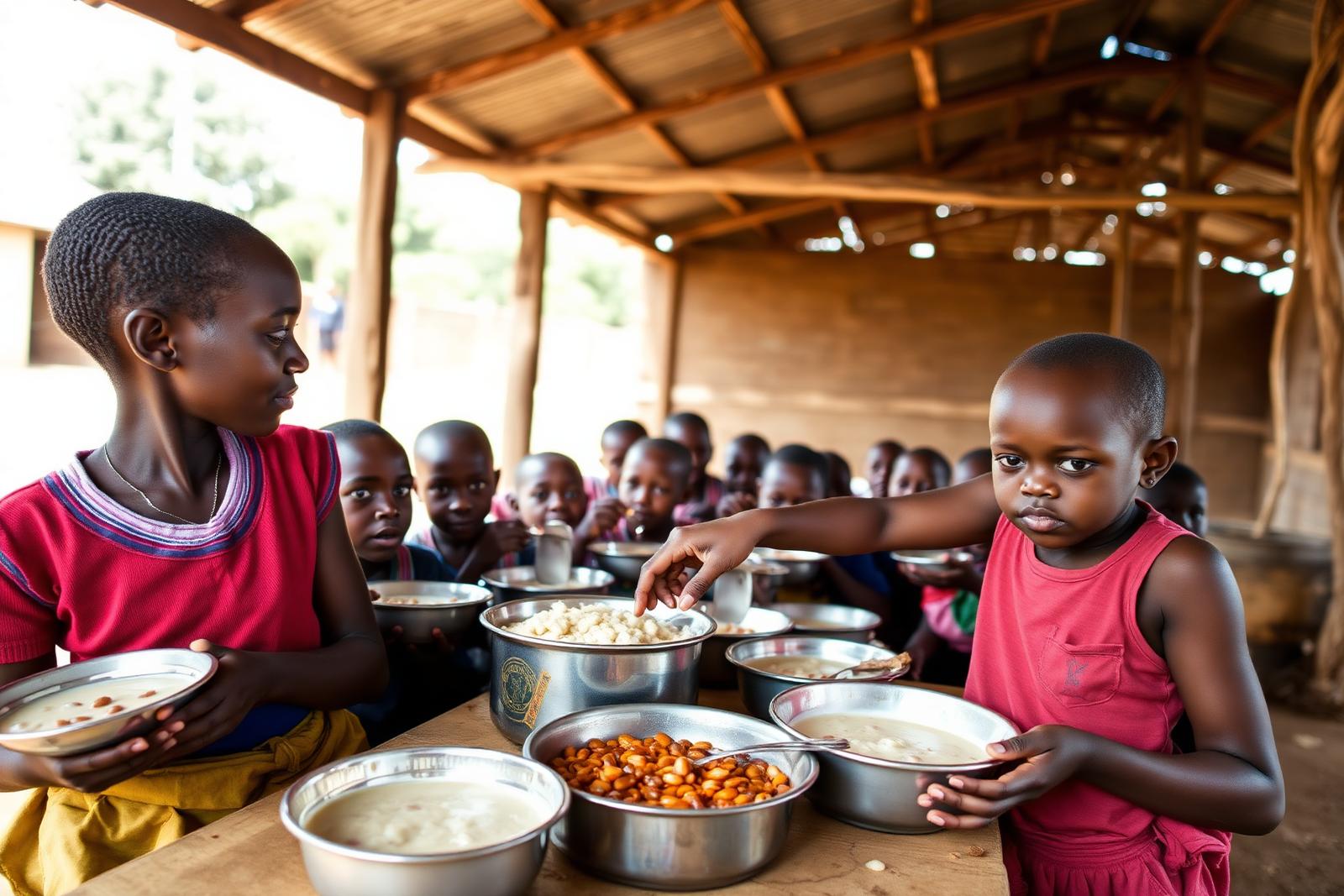 Primary school pupils in eastern Uganda collecting bowls of porridge and beans at a school lunch shelter