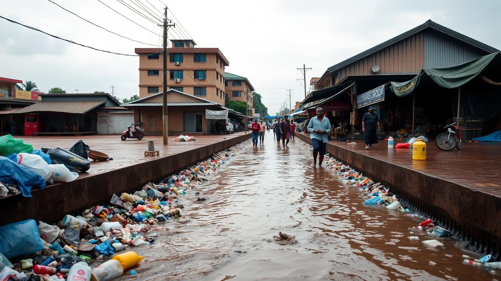 A flooded urban drainage channel in Kampala clogged with plastic waste beside market stalls after heavy rain
