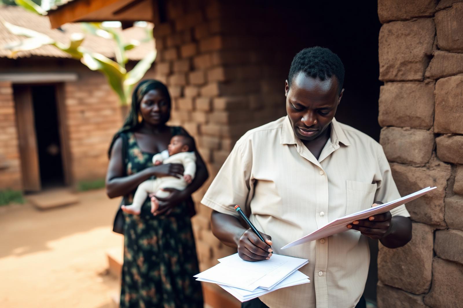 A village health team volunteer writing in a household register outside a brick home in rural Uganda while a mother holds her baby nearby