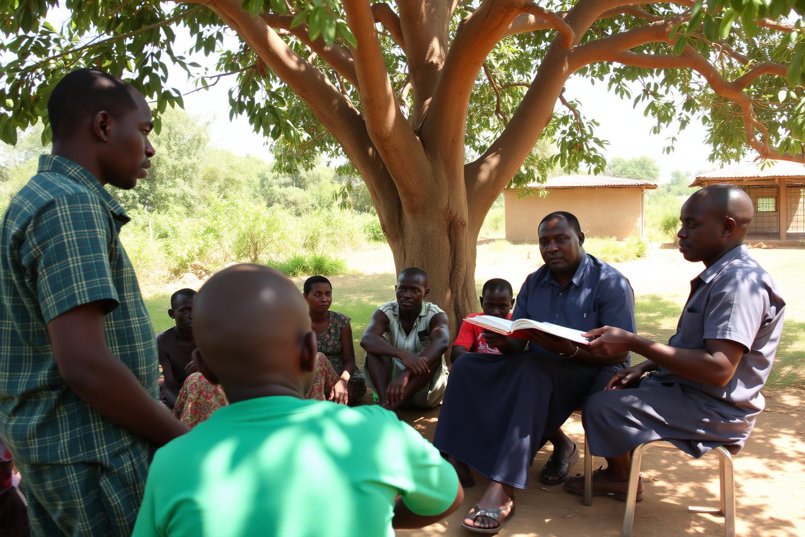Village members seated under a tree while a local official reads programme records from a ledger