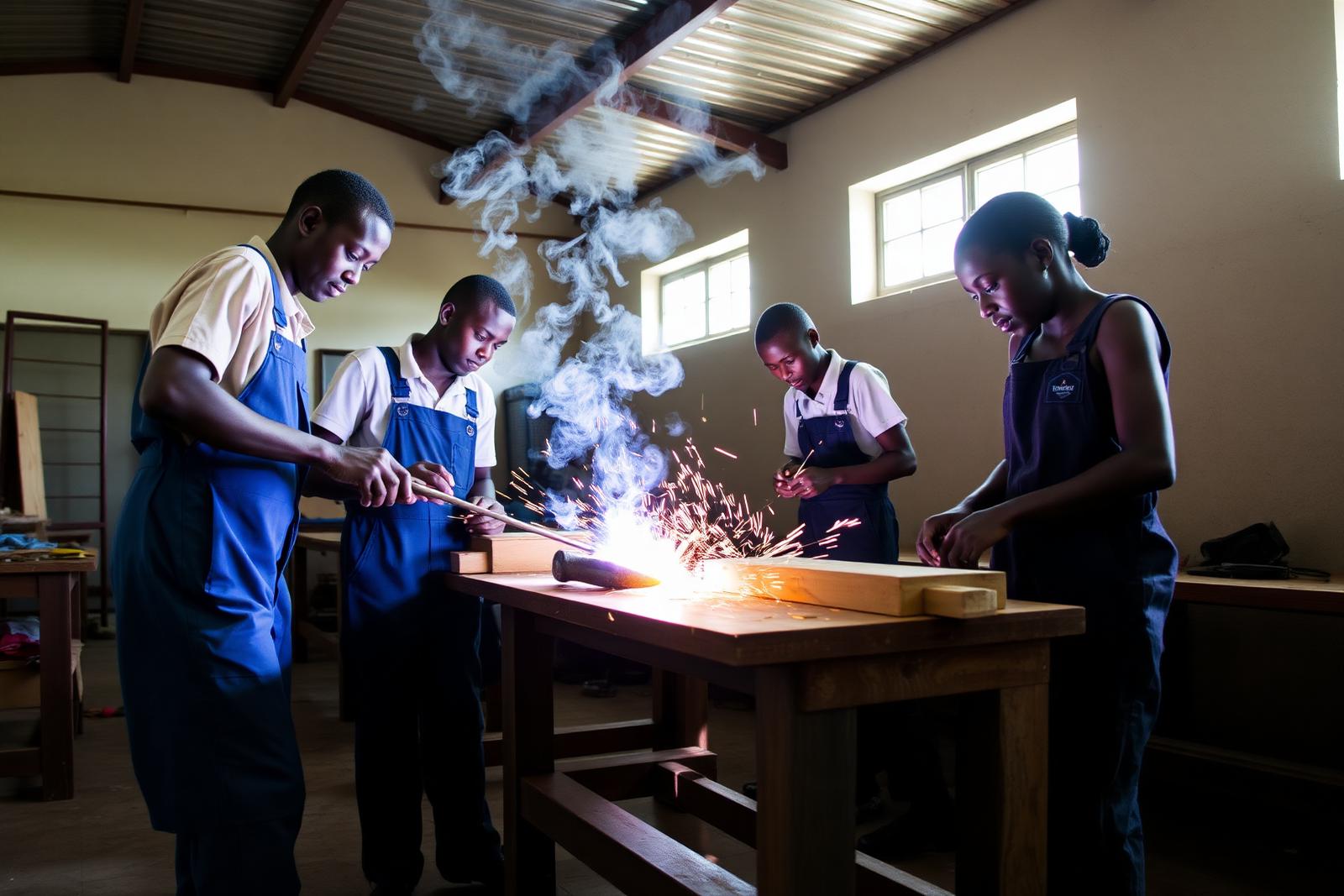 Trainees in overalls practising welding and carpentry at a technical institute workshop in eastern Uganda