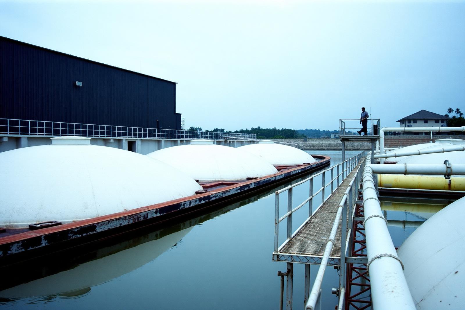 Clarifier tanks and pipework at a water treatment plant on the shore of Lake Victoria